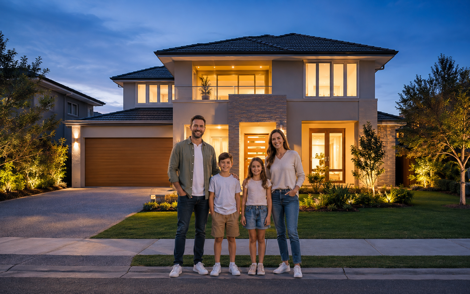 Family standing in front of a modern double-storey home